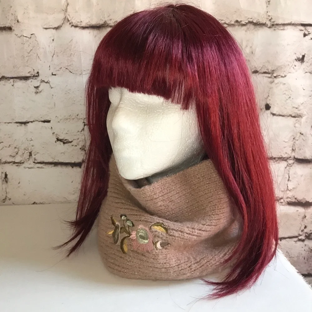ZARA infinity knit scarf Tan with embroidery design One Size - Picture 2 of 11